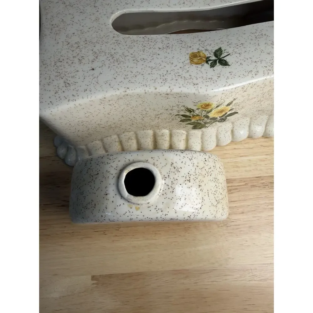 VTG 1983 Ceramic Vanity Bathroom Set of 4 Speckled Yellow Floral Design READ